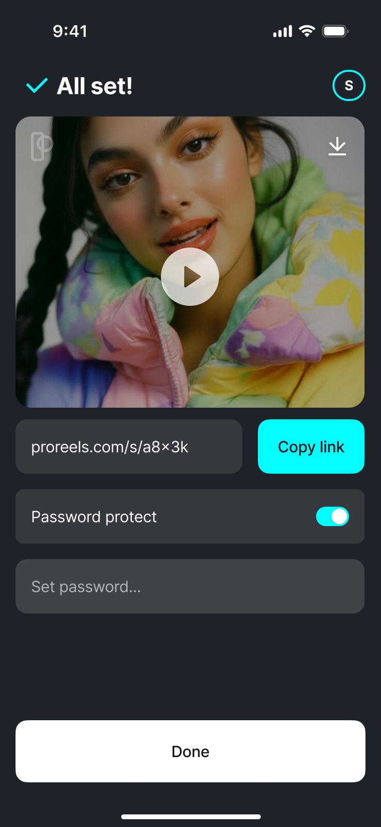 The ProReels share screen: copy the reel's link or protect it with a password